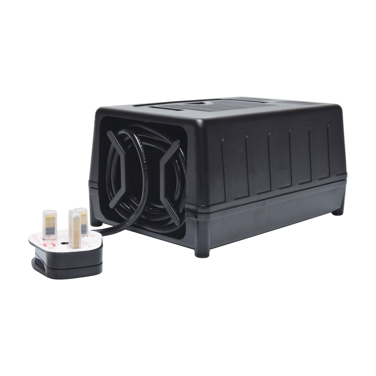 Mercury SDVC-300 step down converter by AVSL in black vented ABS casing with cable coiled inside and detachable UK 3-pin plug beside it.