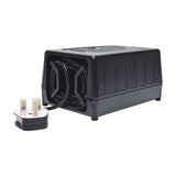 Mercury SDVC-300 step down converter by AVSL in black vented ABS casing with cable coiled inside and detachable UK 3-pin plug beside it.