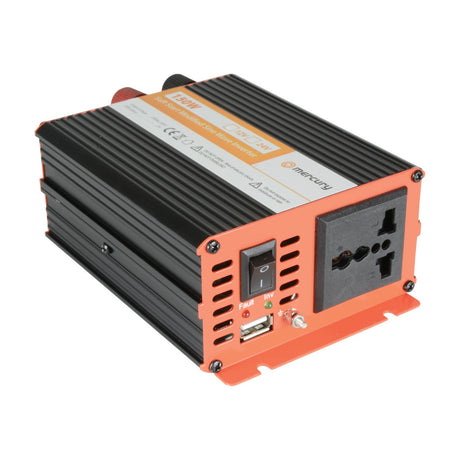 Mercury IMS150-12 12V 150W modified sine wave inverter with black ridged casing, orange front panel, universal socket, USB port, and power switch.