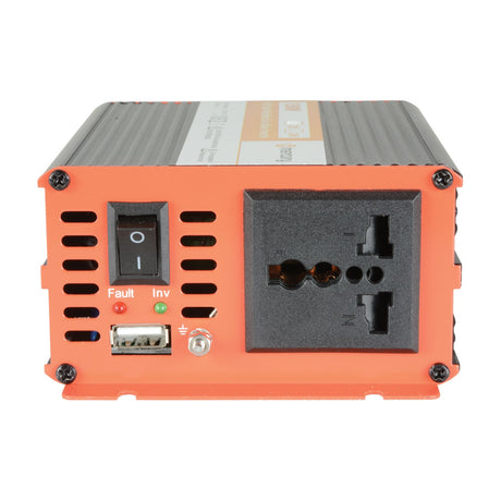 Front panel of the Mercury IMS150-12 12V 150W modified sine wave inverter with power switch, fault and inverter LEDs, USB port and universal AC socket.