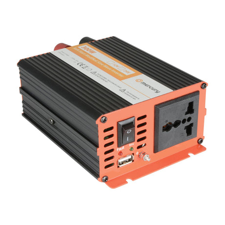 Mercury IMS300-12 12V 300W modified sine wave inverter in black with red end panel, featuring a mains socket, USB port, power switch and fault LED.