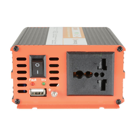 Mercury IMS300-12 12V 300W modified sine wave inverter in orange casing with power switch, fault and inverter LEDs, USB port and universal AC socket.