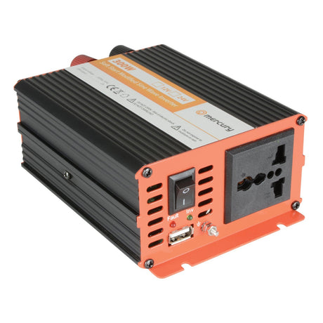 The Mercury 12V DC Modified Sine Wave Inverter - 300W is a black and orange portable inverter with multiple sockets, power switch, USB port, and indicator lights. It converts 12V DC to AC power for use on the go.