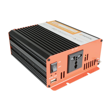 Mercury IMS600-12 600W 12V modified sine wave inverter in black and orange casing with AC output socket, USB port, on/off switch and fault LEDs.