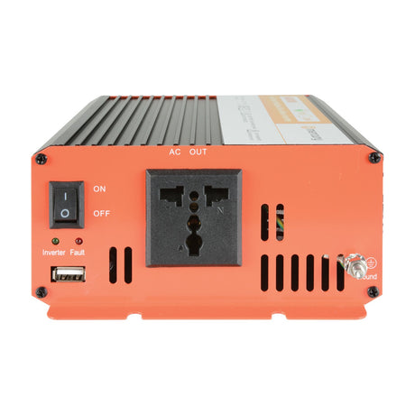 Mercury IMS600-12 600W 12V modified sine wave inverter with orange front panel, AC out universal socket, USB port, on/off switch and fault LEDs.