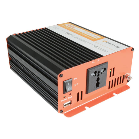 The Mercury 24V DC Modified Sine Wave Inverter - 600W is black and orange, with an AC outlet, USB port, power switch, status indicator on the front panel, plus a finned design for heat dissipation.