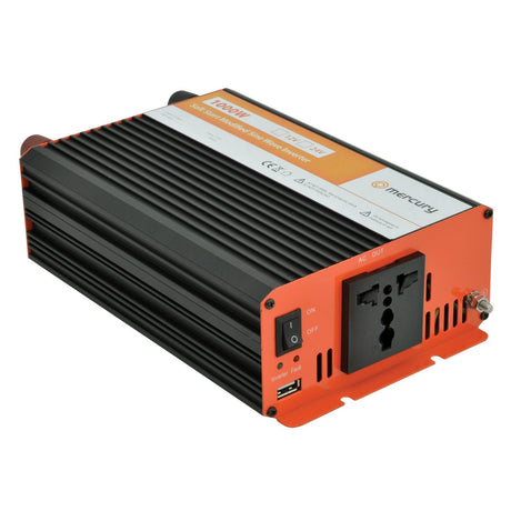The Mercury 12V DC Modified Sine Wave Inverter - 1000W is a black and orange inverter with multiple sockets, an on/off switch, and a USB port. It converts 12V to 230V power, making it ideal for emergency backup situations.