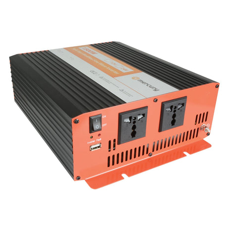 The Mercury 12V DC Modified Sine Wave Inverter - 1500W features a black and orange design, two universal outlets, a USB port, power switch, and front ventilation. The top label displays specs and branding—ideal for backup power needs.
