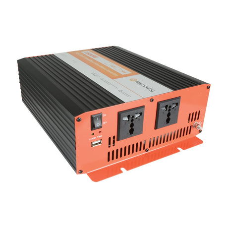 Mercury IMS1500-24 1500W modified sine wave inverter with black ridged casing, red front panel, on/off switch, dual sockets and USB port.