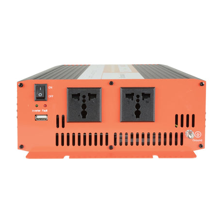 Mercury IMS1500-24 24V 1500W modified sine wave inverter with orange front panel, on/off switch, USB port, two universal sockets and ground terminal.