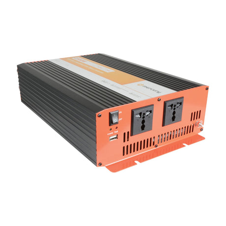 Mercury IMS2500-12 2500W soft start inverter with black finned casing, orange end panel, on/off switch, twin universal sockets and USB port.