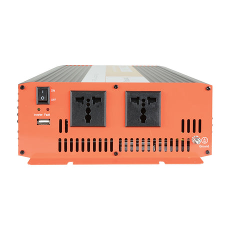 Mercury IMS2500-12 2500W soft start inverter front panel with on/off switch, inverter and fault LEDs, USB port, two mains sockets and ground terminal.