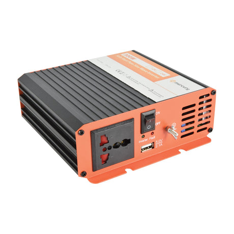 Mercury IPS300-24 pure sine wave inverter with black ridged casing, orange end panel, mains socket, USB port, on/off switch and fault LEDs.