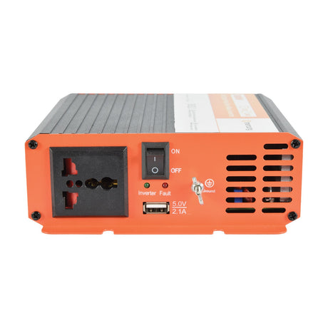 Mercury IPS300-24 300W pure sine wave inverter front panel with universal socket, on/off switch, inverter and fault LEDs, USB port and ground terminal.