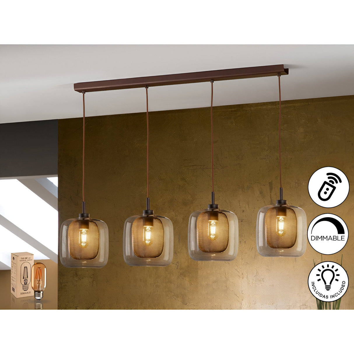 Fox 4 Light Metal Mesh Bar Pendant - Chocolate Brown (With Remote Control)