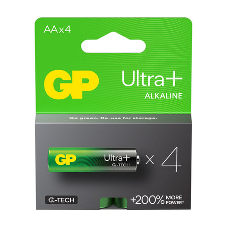 GP Ultra+ AA Alkaline 1.5V batteries in a green and grey retail pack of 4 with euro hook, showing a single cell and G-Tech branding.