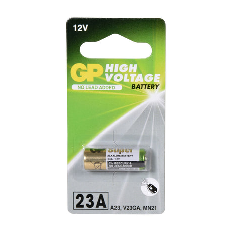GP 23AE 12V high voltage alkaline battery, single cell in green and silver blister pack marked 23A, A23, V23GA, MN21, on a white background.