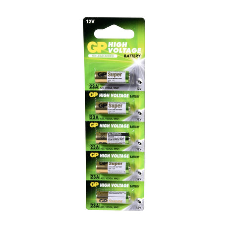 GP 23AE 12V high voltage alkaline batteries in a five pack, presented on a green and white blister card with hanging tab.