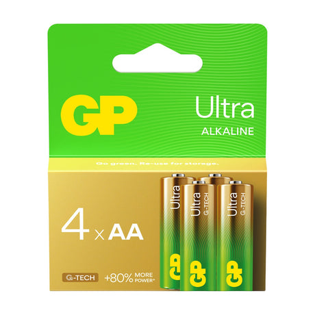 GP Ultra Alkaline AA 1.5V batteries in a green and gold blister pack of four, showing the cells behind clear packaging on a white background.