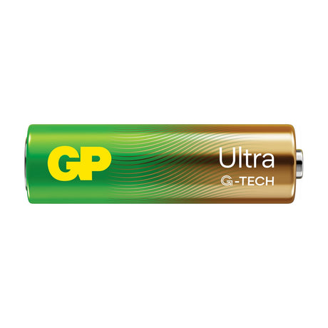 GP Ultra G-Tech AA 1.5V alkaline battery shown horizontally with green and copper casing and yellow GP logo on a plain white background.