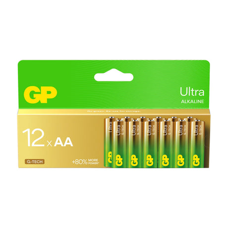 GP Ultra Alkaline AA batteries 12 pack in green and gold retail card packaging with cells visible on the right, shown on a plain white background.