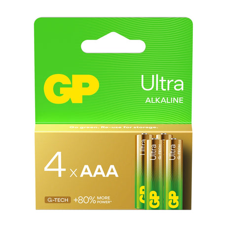GP Ultra Alkaline AAA batteries 1.5V in a 4 pack, shown in green and gold blister card packaging with four cells visible on the right.