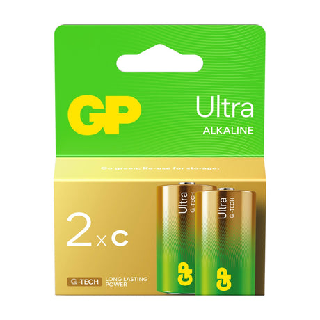 GP Ultra Alkaline C Batteries 1.5V 2 pack in green and gold retail card packaging with two C cells visible on the front.