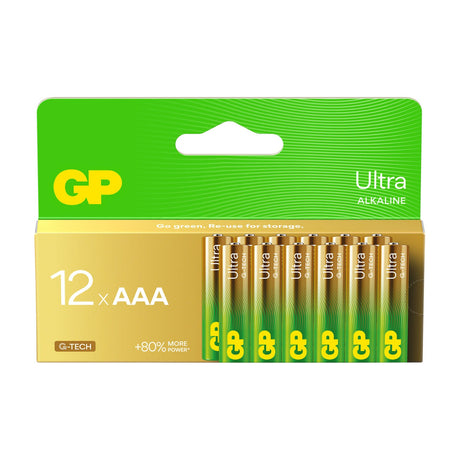 GP Ultra Alkaline AAA batteries in a 12 pack, shown in green and gold cardboard packaging with cells visible on the right.