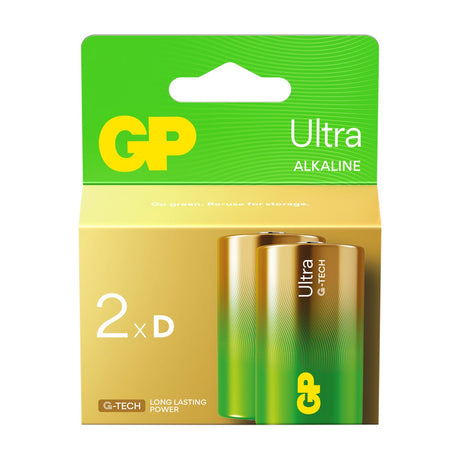 GP Ultra Alkaline D Batteries 1.5V 2 pack in green and gold retail card packaging with two cylindrical cells shown on the front.