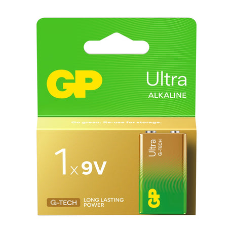 GP Ultra Alkaline PP3 9V battery single pack in green and gold blister card packaging with the battery visible on the front.