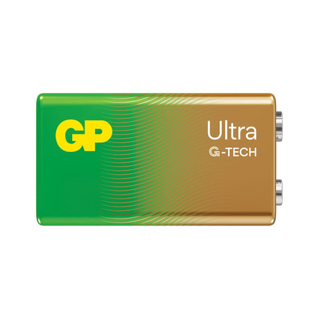 GP Ultra G-Tech 9V PP3 alkaline battery with green and copper wrap and two snap terminals on top, shown on a plain white background.