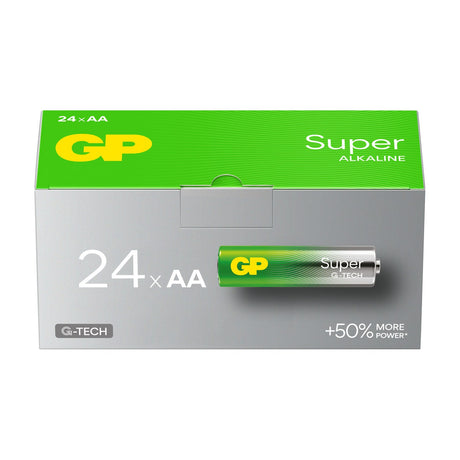 GP Super Alkaline AA batteries 24 pack bulk box in green and silver with G-Tech branding, shown on a plain white background.
