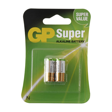 GP Super Alkaline N 1.5V batteries in a two pack blister card with green and black packaging, showing two cylindrical LR1 cells.