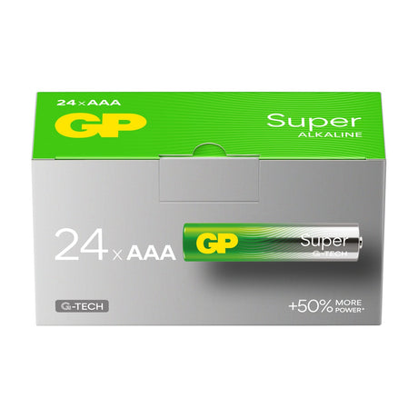 GP Super Alkaline AAA batteries bulk 24 pack in a green and silver box with a single battery shown on the front.
