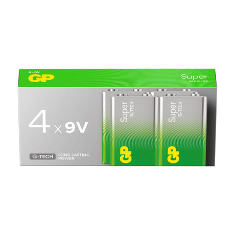 GP Super Alkaline 9V PP3 batteries in a green and silver bulk pack of four, shown on a plain white background.
