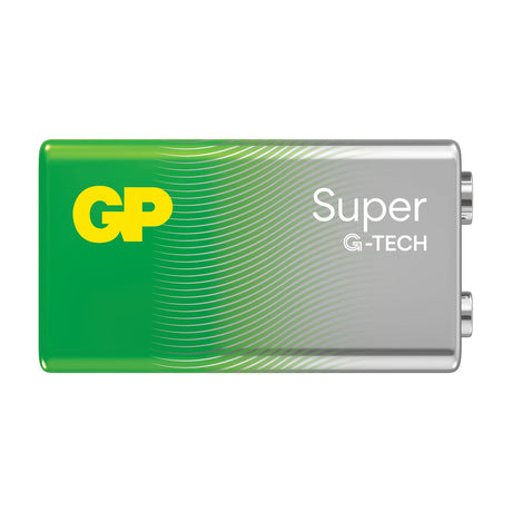 GP Super G-Tech PP3 9V alkaline battery with green and silver labelling and two snap terminals on top, shown on a plain white background.