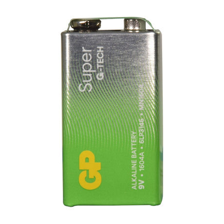GP Super G-Tech Alkaline PP3 9V battery in green and silver with snap terminals on top, shown against a plain white background.