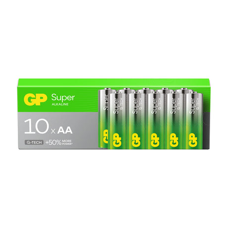GP Super Alkaline AA 1.5V batteries in a green and silver bulk pack of 10 by AVSL, shown on a plain white background.