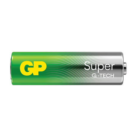 GP Super G-Tech Alkaline AA 1.5V battery by AVSL shown horizontally with green and silver casing and yellow GP logo on a plain white background.