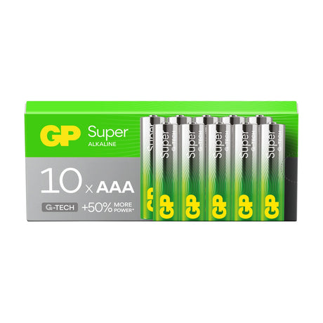 GP Super Alkaline AAA batteries bulk 10 pack in green and silver G-Tech box with cells visible through the window, on a plain white background.