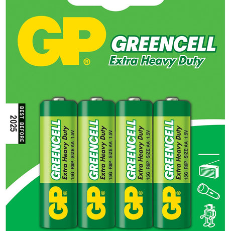 GP Greencell AA 1.5V zinc chloride batteries in a 4 pack blister card with green and yellow branding.