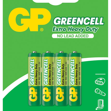 GP Greencell AAA 1.5V zinc chloride batteries in a green four-pack blister card with Extra Heavy Duty and No Lead Added labelling.