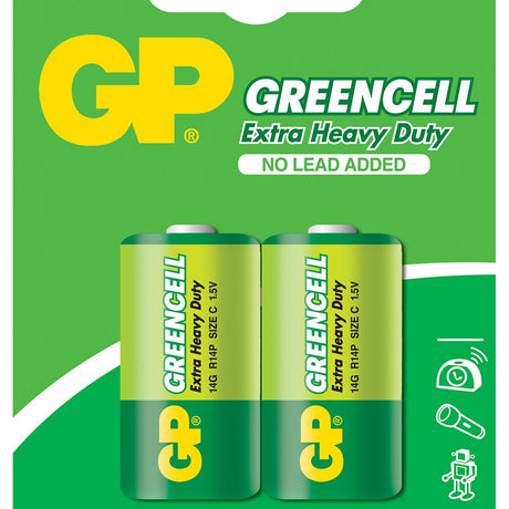 GP Greencell C zinc chloride 1.5V batteries in a 2-pack green blister card with yellow GP logo and Extra Heavy Duty labelling.