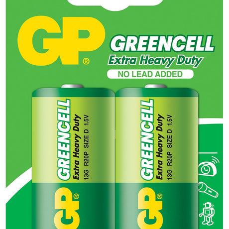 GP Greencell Extra Heavy Duty D 1.5V zinc chloride batteries in a green two-pack blister card with yellow GP logo and No Lead Added label.
