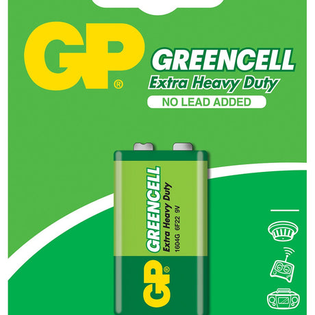 GP Greencell PP3 9V zinc chloride battery in green blister packaging with yellow GP logo and Extra Heavy Duty label on a green background.