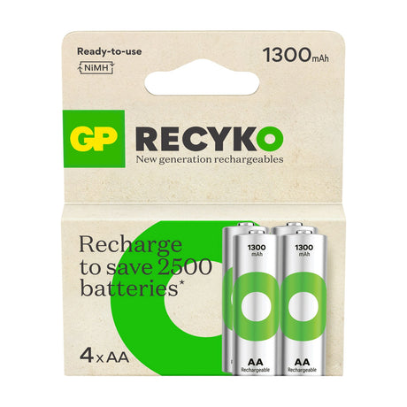 GP ReCyko+ 1300 AA NiMH rechargeable batteries in a four pack, shown in beige and green recyclable card packaging with two AA cells visible.