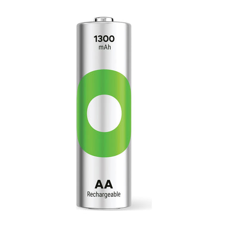 GP ReCyko+ 1300 AA NiMH rechargeable battery with silver casing and green circular label showing 1300 mAh capacity, on a plain white background.