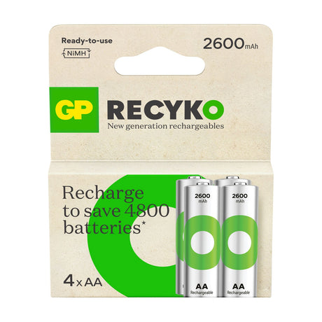 GP ReCyko 2600mAh AA NiMH rechargeable batteries in a kraft paper 4 pack showing two visible cells with green and white labels.