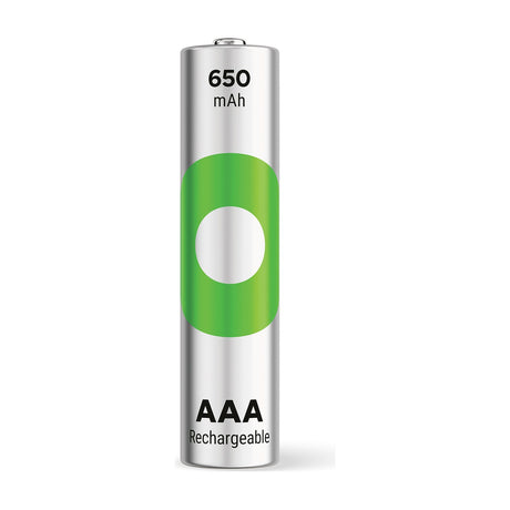 GP ReCyko+ 650 AAA NiMH rechargeable battery in silver casing with green label, shown upright on a plain white background.