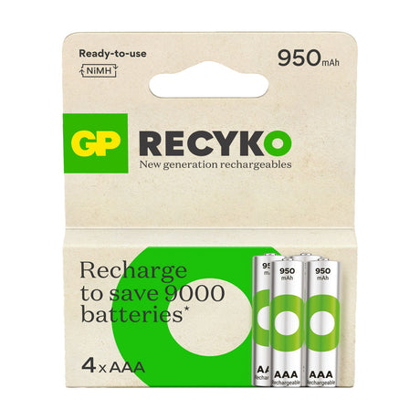 GP ReCyko 4 pack of AAA NiMH 950mAh rechargeable batteries in green and white cells shown on recyclable card packaging.